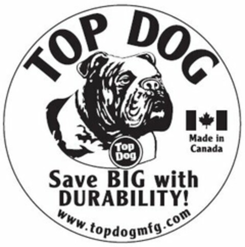 TOP DOG SAVE BIG WITH DURABILITY WWW.TOPDOGMFG.COM MADE IN CANADA Logo (USPTO, 08/29/2013)