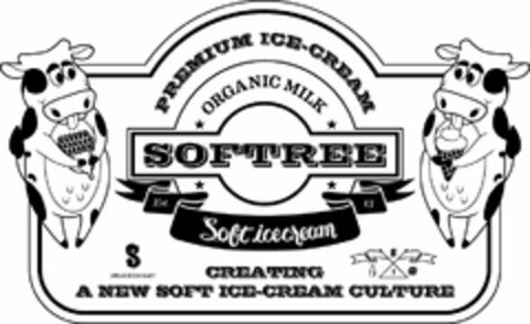 PREMIUM ICE-CREAM ORGANIC MILK SOFTREE EST. 13 SOFT ICE CREAM S DELICIOUS DAY CREATING A NEW SOFT ICE-CREAM CULTURE Logo (USPTO, 19.06.2014)