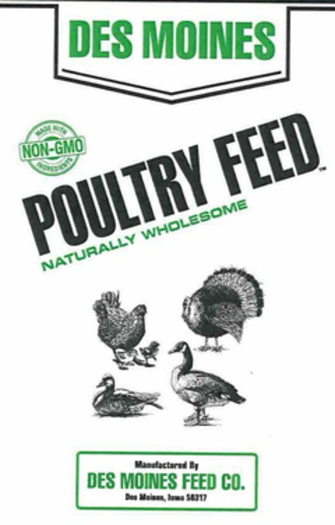 DES MOINES POULTRY FEED NATURALLY WHOLESOME MADE WITH NON-GMO INGREDIENTS MANUFACTURED BY DES MOINES FEED CO. DES MOINES, IOWA 50317 Logo (USPTO, 26.12.2018)