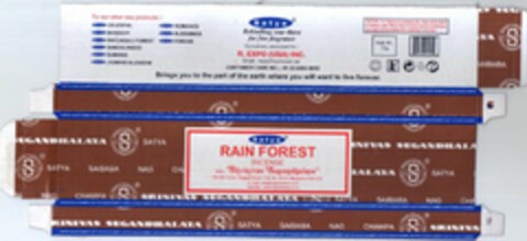 SATYA RAIN FOREST INCENSE, MFRS.: SHRINIVAS SUGANDHALAYA, SATYA, SATYA INIVAS S, NAG CHA HALAYA , SRINIVAS SUGANDHALAYA SATYA SAIBAB, S Logo (USPTO, 19.10.2012)