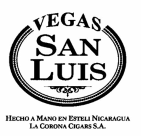 VEGAS SAN LUIS HECHO A MANO EN ESTELI NICARAGUA LA CORONA CIGARS S.A. Logo (USPTO, 11/19/2015)