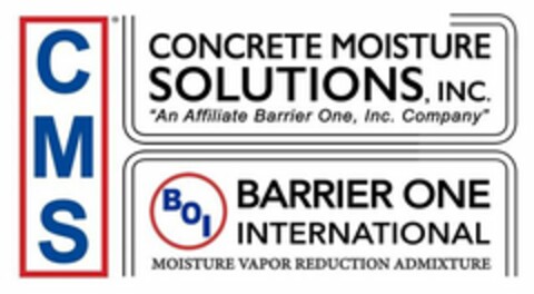 CMS CONCRETE MOISTURE SOLUTIONS, INC. "AN AFFILIATE BARRIER ONE INC. COMPANY" BOI BARRIER ONE INTERNATIONAL MOISTURE VAPOR REDUCTION ADMIXTURE Logo (USPTO, 10.05.2017)