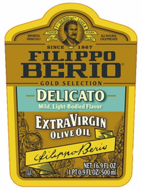 IMPORTED FROM ITALY F. PO BERIO & CO. LUCCA TRADE MARK ALL NATURAL COLD PRESSED SINCE 1867 FILIPPO BERIO GOLD SELECTION DELICATO MILD LIGHT-BODIED FLAVOR EXTRA VIRGIN OLIVE OIL FILIPPO BERIO NET 16.9 FL OZ (1 PT 0.9 FL OZ)-500ML Logo (USPTO, 08/07/2013)