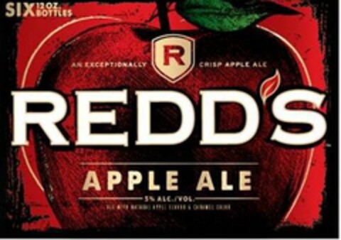 R AN EXCEPTIONALLY CRISP APPLE ALE REDD'S APPLE ALE 5% ALC./VOL. ALE WITH NATURAL APPLE FLAVOR & CARAMEL COLOR SIX 12 OZ. BOTTLES Logo (USPTO, 14.08.2012)