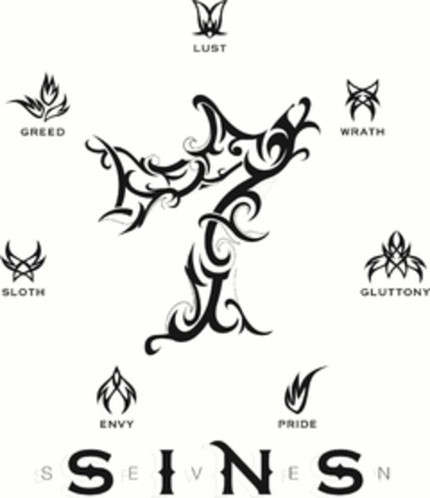 7 SEVEN SIN S LUST WRATH GLUTTONY PRIDE ENVY SLOTH GREED Logo (USPTO, 01.11.2012)