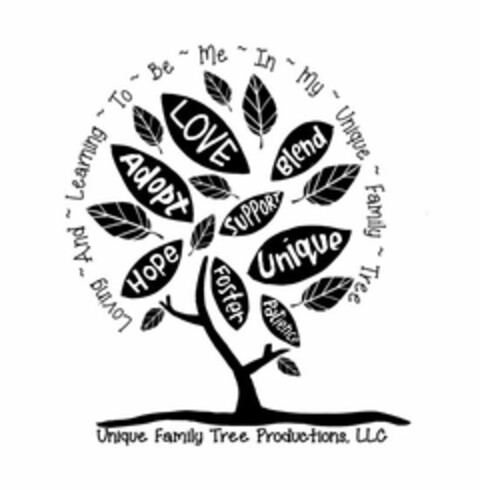 LOVING ~ AND ~ LEARNING ~ TO ~ BE ~ ME ~ IN ~ MY ~ UNIQUE ~ FAMILY ~ TREE HOPE ADOPT LOVE BLEND SUPPORT UNIQUE FOSTER PATIENCE UNIQUE FAMILY TREE PRODUCTIONS, LLC Logo (USPTO, 01.07.2015)