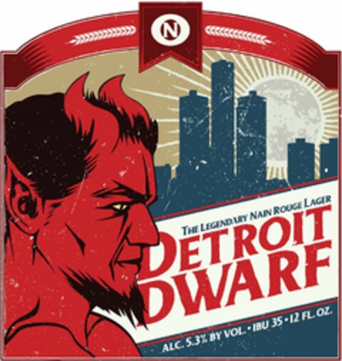 ON THE LEGENDARY NAIN ROUGE LAGER DETROIT DWARF ALC. 5.3% BY VOL. IBU 35 · 12 FL.OZ. Logo (USPTO, 04.09.2018)