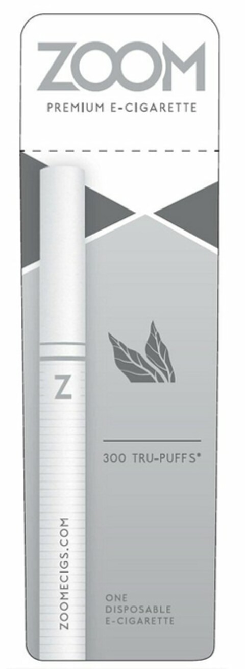 ZOOM PREMIUM E-CIGARETTE 300 TRU-PUFFS ONE DISPOSABLE E-CIGARETTE ZOOMECIGS.COM Logo (USPTO, 28.01.2014)