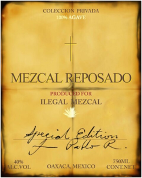 COLECCION PRIVADA 100% AGAVE MEZCAL REPOSADO PRODUCED FOR ILEGAL MEZCAL SPECIAL EDITION PABLO R. OAXACA, MEXICO 40% ALC. VOL 750 ML CONT.NET Logo (USPTO, 23.05.2015)