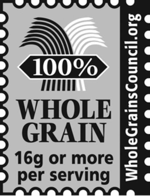 100% WHOLE GRAIN 16G OR MORE PER SERVING WHOLEGRAINSCOUNCIL.ORG Logo (USPTO, 08/11/2010)