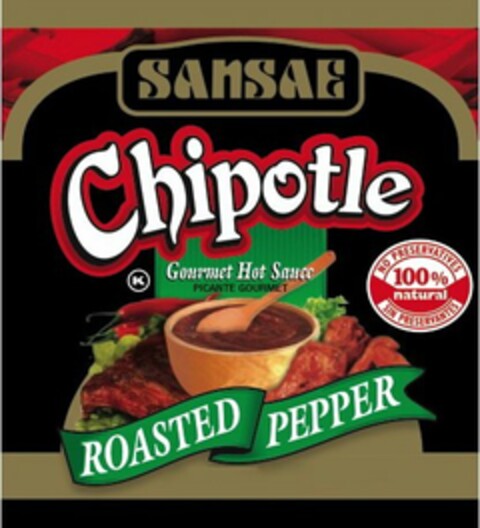 SANSAE CHIPOTLE K GOURMET HOT SAUCE PICANTE GOURMET ROASTED PEPPER NO PRESERVATIVES 100% NATURAL SIN PRESERVANTES Logo (USPTO, 10.11.2009)