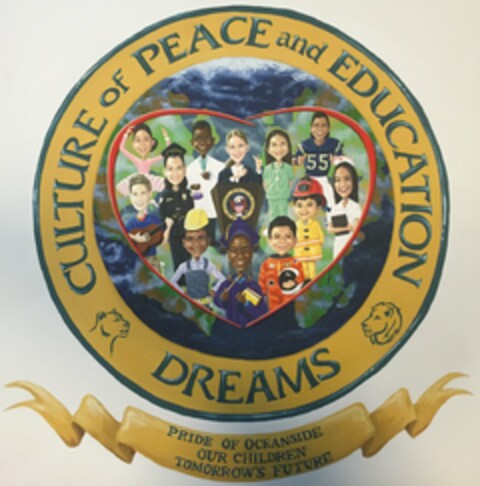 DREAMS CULTURE OF PEACE AND EDUCATION PRIDE OF OCEANSIDE OUR CHILDREN TOMORROW'S FUTURE Logo (USPTO, 31.03.2016)