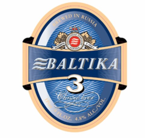 BREWED IN RUSSIA 1990 BALTIKA 3 CLASSIC BEER Logo (USPTO, 04/22/2013)