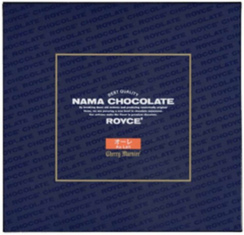 ROYCE' CHOCOLATE, BEST QUALITY NAMA CHOCOLATE, BY BREAKING DOWN OLD CUSTOMS AND PRODUCING CONSISTENTLY ORIGINAL ITEMS, WE ARE PURSUING A NEW LEVEL IN CHOCOLATE ENJOYMENT. OUR ARTISANS MAKE THE FINEST IN PREMIUM CHOCOLATE. ROYCE', AU LAIT, CHERRY MARNIER Logo (USPTO, 25.06.2012)