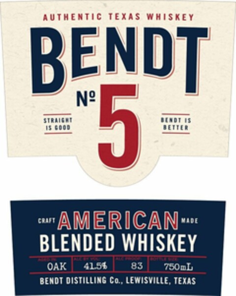 AUTHENTIC TEXAS WHISKEY BENDT NO 5 STRAIGHT IS GOOD BENDT IS BETTER CRAFT AMERICAN MADE BLENDED WHISKEY AGED IN: OAK ALC BY VOL: 41.5% ALC PROOF: 83 BOTTLE SIZE: 750ML BENDT DISTILLING CO., LEWISVILLE, TEXAS Logo (USPTO, 07/05/2019)