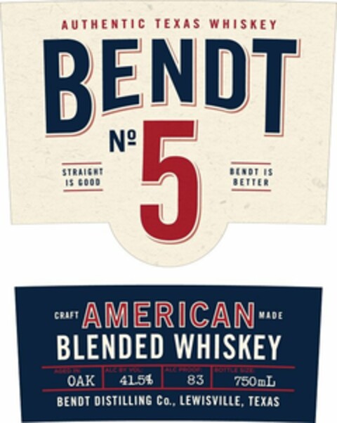 AUTHENTIC TEXAS WHISKEY BENDT NO 5 STRAIGHT IS GOOD BENDT IS BETTER CRAFT AMERICAN MADE BLENDED WHISKEY AGED IN: OAK ALC BY VOL: 41.5% ALC PROOF: 83 BOTTLE SIZE: 750ML BENDT DISTILLING CO., LEWISVILLE, TEXAS Logo (USPTO, 05.07.2019)