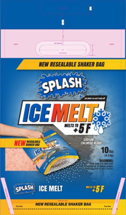 NEW RESEALABE SHAKER BAG SPLASH JUST SHAKE IT ON AND IT MELTS OFF! ICE MELT NEW RESEALABLE SHAKER BAG SPLASH ICE MELT Logo (USPTO, 09.01.2017)
