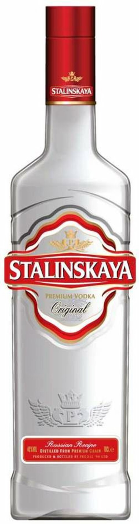 STALINSKAYA PREMIUM VODKA ORIGINAL RUSSIAN RECIPE 40% VOL DISTILLED FROM PREMIUM GRAIN 70CL E PRODUCED & BOTTLED BY PRODAL '94 LTD Logo (USPTO, 16.11.2010)