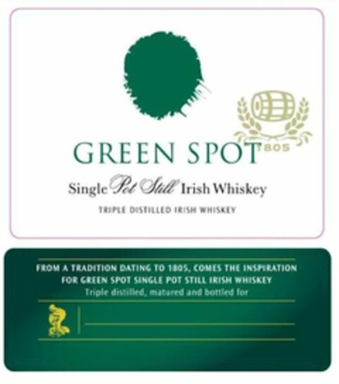 GREEN SPOT 1805 SINGLE POT STILL IRISH WHISKEY TRIPLE DISTILLED IRISH WHISKEY FROM A TRADITION DATING TO 1805, COMES THE INSPIRATION FOR GREEN SPOT SINGLE POT STILL IRISH WHISKEY TRIPLE DISTILLED, MATURED AND BOTTLED FOR Logo (USPTO, 15.08.2011)
