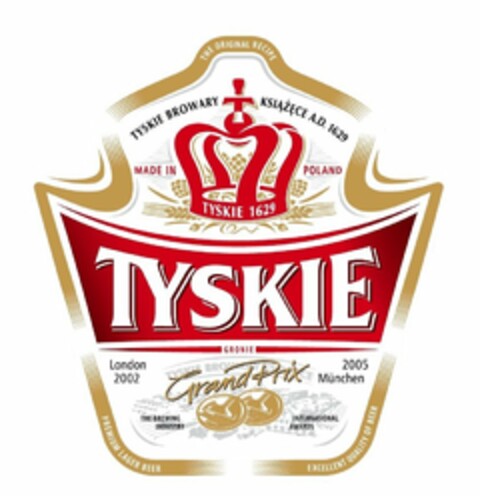 THE ORIGINAL RECIPE TYSKIE BROWARY KSIAZECE A.D. 1629 MADE IN POLAND TYSKIE 1629 TYSKIE GRONIE LONDON 2002 TYSKIE BROWARY KSIAZECE GRAND PRIX 2005 MUNCHEN THE BREWING INDUSTRY INTERNATIONAL AWARDS PREMIUM LAGER BEER EXCELLENT QUALITY OF BEER Logo (USPTO, 09.03.2012)