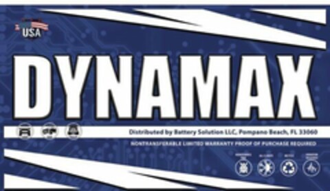 USA DYNAMAX DISTRIBUTED BY BATTERY SOLUTION LLC, POMPANO BEACH, FL 33060 NONTRANSFERABLE LIMITED WARRANTY PROOF OF PURCHASE REQUIRED Logo (USPTO, 25.05.2020)