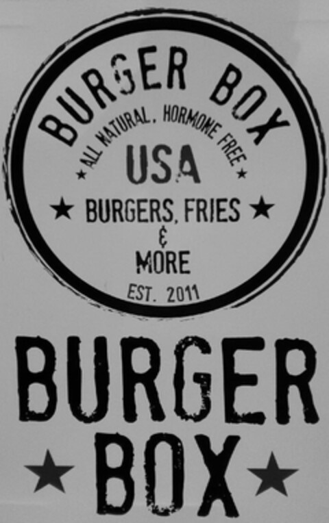 BURGER BOX BURGER BOX ALL NATURAL, HORMONE FREE USA BURGERS. FRIES & MORE EST. 2011 Logo (USPTO, 11.09.2012)