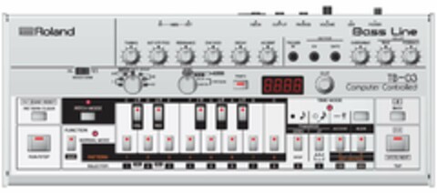 R ROLAND IN MIDI OUT MIX IN OUTPUT PHONES VOLUME USB POWER BASS LINE TUNING CUTT OFF FREQ RESONANCE ENV MOD DECAY ACCENT TRIGGER IN OUTPUT CV GATE OVERDRIVE DELAY TIME FEEDBACK WAVEFORM TRACK PATT. GROUP I II III IV 1 2 3 4 5 6 7 MODE WRITE PLAY TRACK PLAY WRITE PATTERN TEMPO VALUE TB-03 COMPUTER CONTROLLED D.C. BAR RESET PATTERN CLEAR PITCH MODE C C# D D# E F F# G G# A A# B C TIME MODE BACK RUN/STOP FUNCTION BAR NORMAL MODE PATTERN SECTOR DEL INS 1 2 3 4 5 6 7 8 SELECTOR 1 DEL 2 INS 3 4 5 6 7 8 9 0 100 200 TRANSPOSE DOWN UP STEP 3 ACCENT SLIDE A B PATT. SECTION D.S. WRITE/NEXT TAP Logo (USPTO, 02/28/2020)