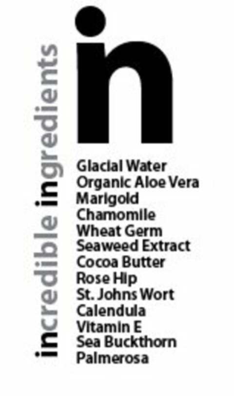 IN INCREDIBLE INGREDIENTS GLACIAL WATER ORGANIC ALOE VERA MARIGOLD CHAMOMILE WHEAT GERM SEAWEED EXTRACT COCOA BUTTER ROSE HIP ST. JOHNS WORT CALENDULA VITAMIN E SEA BUCKTHORN PALMEROSA Logo (USPTO, 12.08.2015)