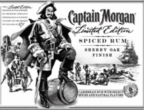 CAPTAIN MORGAN LIMITED EDITION SPICED RUM SHERRY OAK FINISH, CARIBBEAN RUM WITH SELECT SPICES AND NATURAL FLAVORS, THIS LIMITED EDITION SPICED RUM WAS INSPIRED BY SIR HENRY MORGAN'S IMPROBABLE & STORIED VICTORY ON THE SHORES OF PANAMA IN 1671 Logo (USPTO, 17.04.2013)