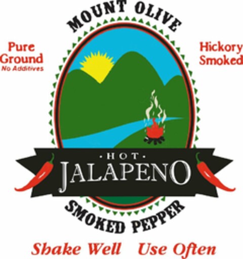 MOUNT OLIVE SMOKED PEPPER PURE GROUND NO ADDITIVES HICKORY SMOKED SHAKE WELL USE OFTEN · HOT · JALAPENO Logo (USPTO, 10/27/2015)