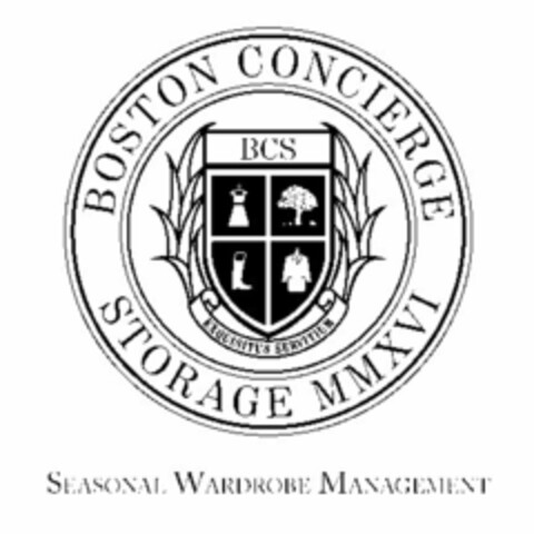 BOSTON CONCIERGE BCS EXQUISITUS SERVITIUM STORAGE MMXVI SEASONAL WARDROBE MANAGEMENT Logo (USPTO, 05/11/2016)