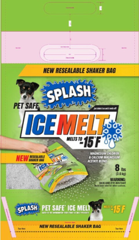 NEW RESEALABLE SHAKER BAG SPLASH PET SAFE JUST SHAKE IT ON AND IT MELTS OFF! ICE MELT NEW REASEALABLE SHAKER BAG SPLASH PET SAFE ICE MELT Logo (USPTO, 01/06/2017)