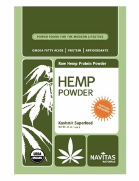 POWER FOODS FOR THE MODERN LIFESTYLE OMEGA FATTY ACIDS PROTEIN ANTIOXIDANTS RAW HEMP PROTEIN POWDER HEMP POWDER KASHMIR SUPERFOOD NAVITAS NATURALS CERTIFIED ORGANIC USDA ORGANIC Logo (USPTO, 29.07.2011)