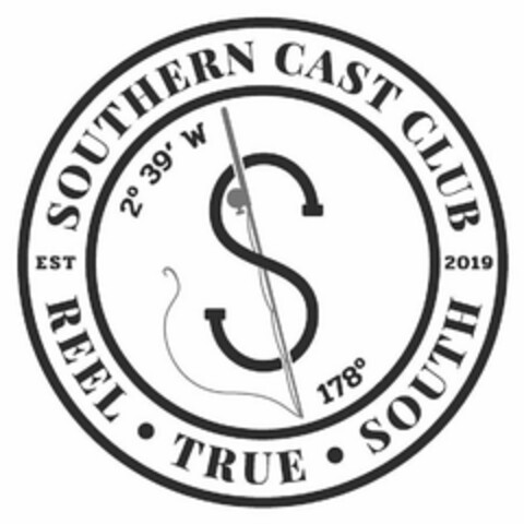 SOUTHERN CAST CLUB EST 2019 2º 39 W S 178º REEL TRUE SOUTH Logo (USPTO, 02/19/2020)