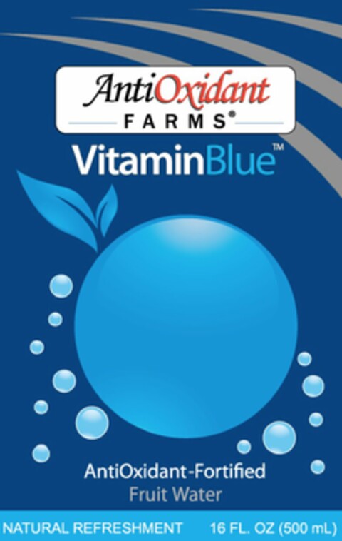 ANTIOXIDANT FARMS, VITAMIN BLUE, ANTIOXIDANT, ANTIOXIDANT FORTIFIED FRUIT WATER, NATURAL REFRESHMENT, 16 FL OZ (500ML) Logo (USPTO, 11/07/2015)