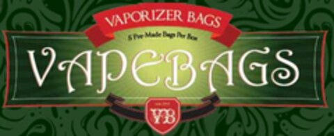 VAPEBAGS VAPORIZER BAGS 5 PRE-MADE PER BOX VB Logo (USPTO, 14.06.2011)