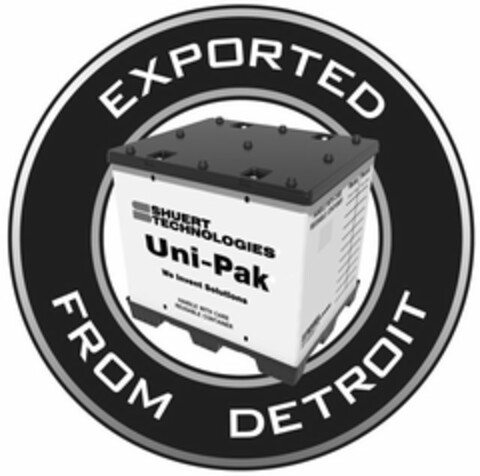 EXPORTED FROM DETROIT S SHUERT TECHNOLOGIES UNI-PAK WE INVENT SOLUTIONS  HANDLE WITH CARE REUSABLE CONTAINER  REUSE RECORD PLANT DATE SHUERT TECHNOLOGIES WWW.SHUERT.COM 1-877-SHUERT-1 Logo (USPTO, 18.06.2015)