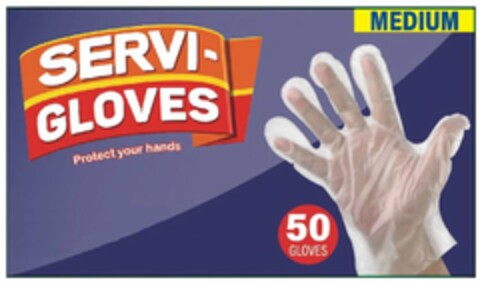 SERVI-GLOVES PROTECT YOUR HANDS 50 GLOVES MEDIUM Logo (USPTO, 05/15/2020)