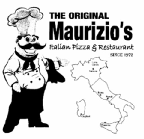 THE ORIGINAL MAURIZIO'S ITALIAN PIZZA & RESTAURANT SINCE 1972 LAKE GARDA VERONA ROMA FONDI CAGLIARI PALERMO Logo (USPTO, 05/04/2010)