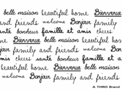 BELLE MAISON BEAUTIFUL HOME BIENVENUE AND FRIENDS WELCOME BONJOUR FAMILY ANTE BONHEUR FAMILLE ET AMIS CHEERS UNE BIENVENUE A THRO BRAND Logo (USPTO, 04/18/2012)