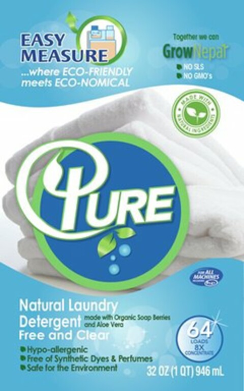 EASY MEASURE ...WHERE ECO-FRIENDLY MEETS ECO-NOMICAL TOGETHER WE CAN GROW  NEPAL NO SLS NO GMO'S MADE WITH NATURAL INGREDIENTS ECO-NOMICALPURE NATURAL LAUNDRY DETERGENT MADE WITH ORGANIC SOAP BERRIES AND ALOE VERA FREE AND CLEAR HYPO-ALLERGENIC FREE OF SYNTHETIC DYES & PERFUMES SAFE FOR THE ENVIRONMENT FOR ALL MACHINES INCLUDING HE 64 LOADS 8X CONCENTRATE 32 OZ (1QT) 946 ML Logo (USPTO, 06/30/2016)