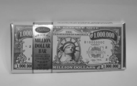 SINCE 1898; BARTONS; MILLION DOLLAR BAR; CREAMY MILK CHOCOLATE; NET WT 2 OZ (57G); MILLION DOLLARS; FEDERAL RESERVE NOTE; THE UNITED STATES OF AMERICA; B1000000C; ALLENTOWN, PA; 1,000,000 Logo (USPTO, 21.07.2010)