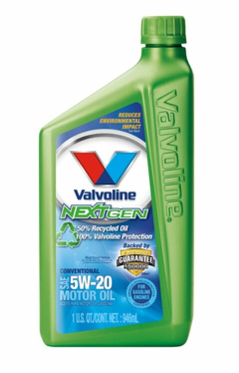 REDUCES ENVIRONMENTAL IMPACT SEE BACK V VALVOLINE NEXTGEN 50% RECYCLED OIL 100% VALVOLINE PROTECTION BACKED BY ENGINE GUARANTEE 150000 MILES OFFER! MUST ENROLL VEHICLE BY 125000 MILES SEE VALVOLINE.COM OR STORE FOR BENEFITS AND LIMITATIONS AMERICAN PETROLEUM INSTITUTE CERTIFIED FOR GASOLINE ENGINES CONVENTIONAL SAE5W-20 MOTOR OIL ACEITE PARA MOTORES A GASOLINA 1 U.S. QT./CONT.NET.:946ML Logo (USPTO, 24.08.2011)