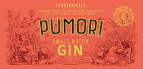 12 BOTANICALS FORAGED FROM THE BOUNTIFUL LANDSCAPES OF THE INDIAN SUBCONTINENT PUMORI SMALL BATCH GIN HANDCRAFTED BY THE COAST WHILST DREAMING OF THE MOUNTAINS CRAFTED IN FULLARTON DISTILLERIES CANDERPAR GOA INDIA Logo (USPTO, 09/14/2020)