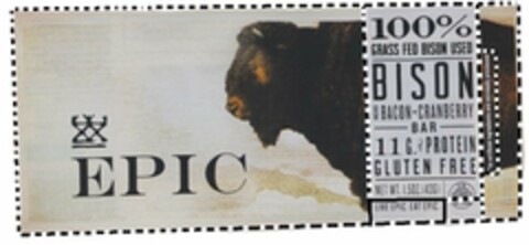 XX EPIC 100% GRASS FED BISON USED BISON BACON CRANBERRY BAR 11G. PROTEIN GLUTEN FREE NET WET. 1.50OZ (43G) LIVE EPIC. EAT EPIC Logo (USPTO, 09/30/2014)