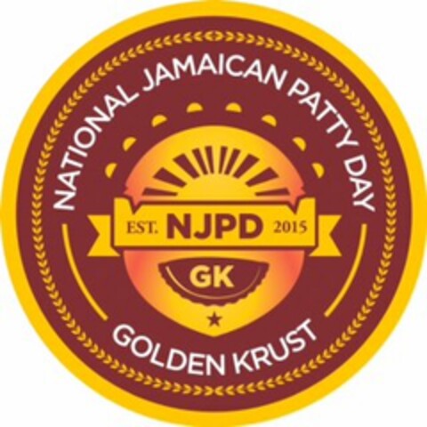 NATIONAL JAMAICAN PATTY DAY EST. NJPD 2015 GK GOLDEN KRUST Logo (USPTO, 09.07.2015)