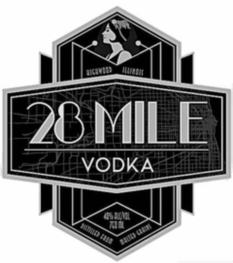 28 MILE VODKA HIGHWOOD ILLINOIS 40% ALC/VOL 750 ML DISTILLED FROM MALTED GRAINS Logo (USPTO, 02/14/2019)