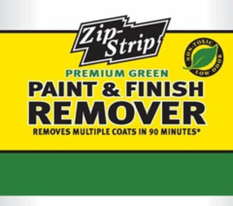 ZIP-STRIP PREMIUM GREEN NON-TOXIC LOW ODOR PAINT & FINISH REMOVER REMOVES MULTIPLE COATS IN 90 MINUTES Logo (USPTO, 10.08.2009)