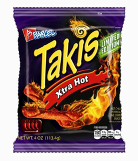 B BARCEL TAKIS XTRA HOT LIMITED EDITION!HOT CHILI PEPPER & LIME CORN SNACK Logo (USPTO, 22.02.2013)