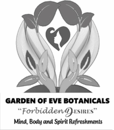 GARDEN OF EVE BOTANICALS "FORBIDDEN DESIRES" MIND, BODY AND SPIRIT REFRESHMENTS Logo (USPTO, 09.12.2019)